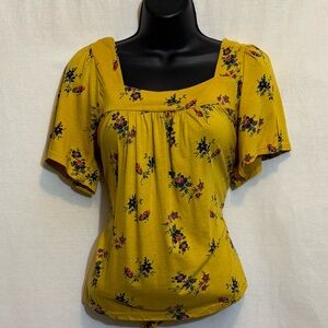 H-26 Lucky Brand Yellow Floral Short Sleeve Pullover‎ Blouse Size S